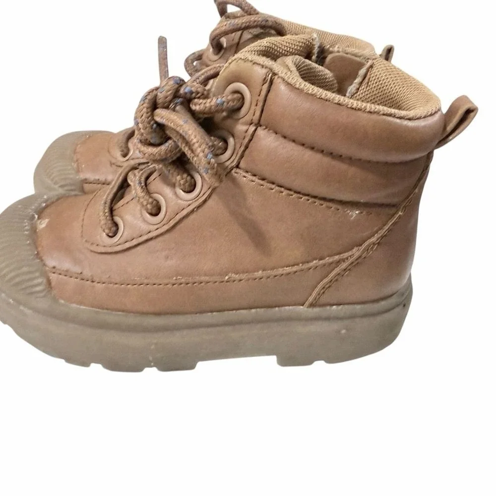 Cat & Jack‎ Boots Brown Faux Leather Lace Up Side Zip Toddler Kids Sz 7